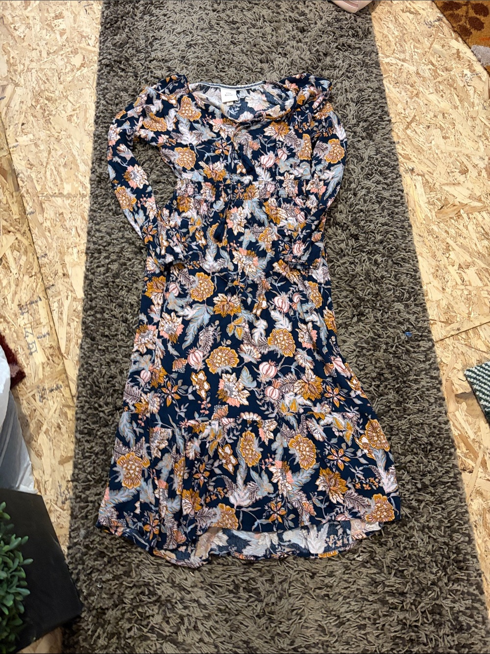 Knox Rose Navy Floral Long-Sleeve Dress with Mustard & Blush Print